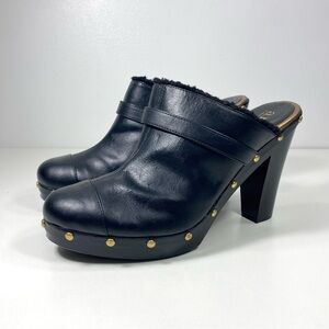 a.n.a. Black Faux Leather Gold Studded Platform Wood Heel Clogs Mules Slides 10